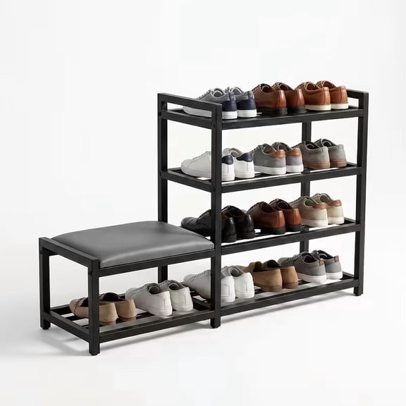 4-Tier Shoe Bench with Shoe Rack, Black Carbon Steel Frame, Space-Saving Entryway Organizer, Modern Shoe Storage for Narrow Hallway & Small Spaces