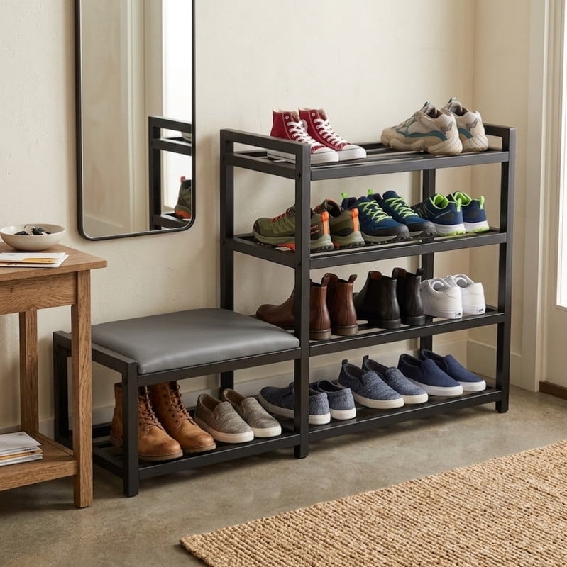 4-Tier Shoe Bench with Shoe Rack, Space Saving Shoe Rack with Bench, Entryway Shoe Organizer, Entryway Bench with Cushioned Seats for Entryway