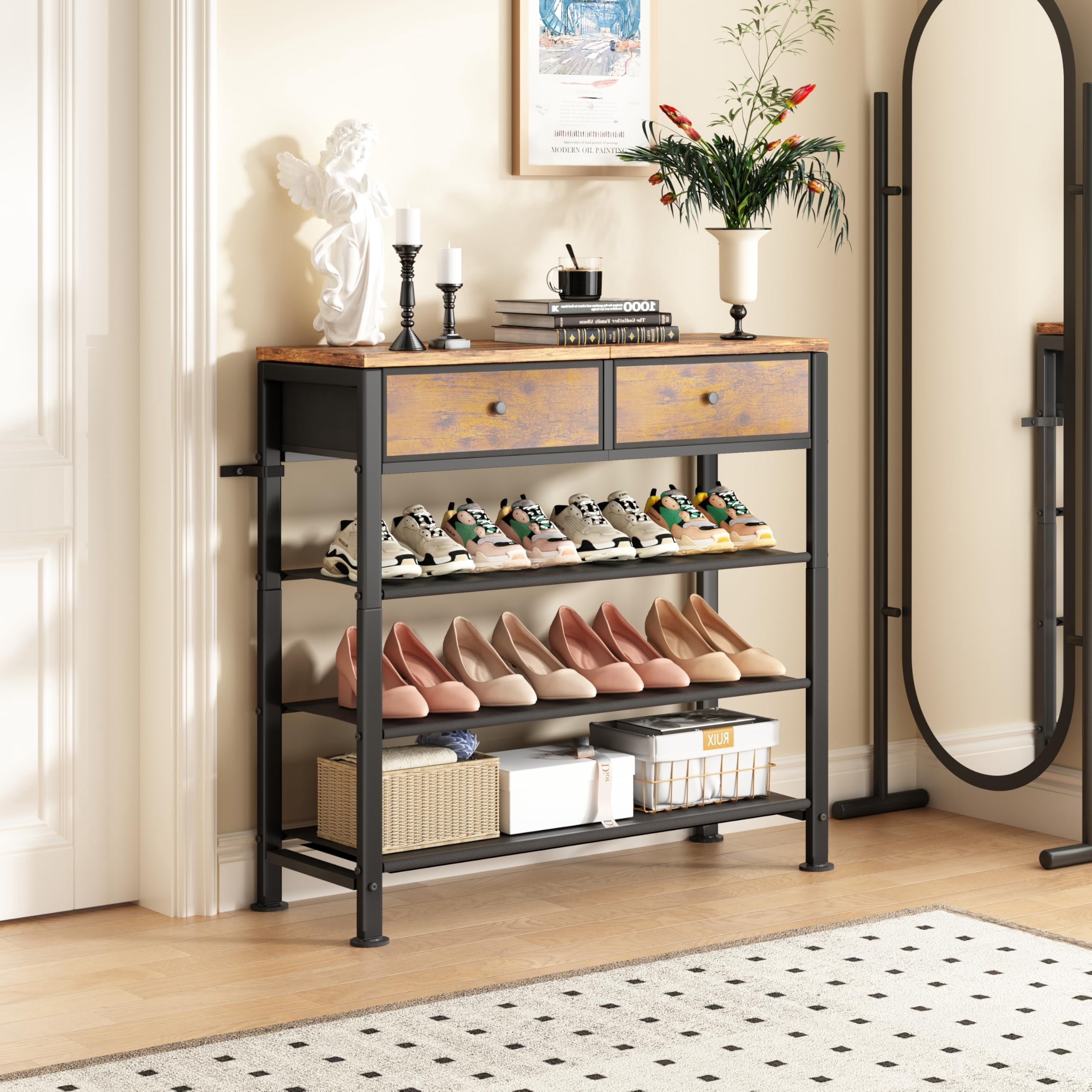4 Tier Shoe Organizer with Drawers and Fabric Shelves, Wooden Top Shoe Rack for Closet and Entryway, Rustic Brown Storage Solution for 9-12 Pairs