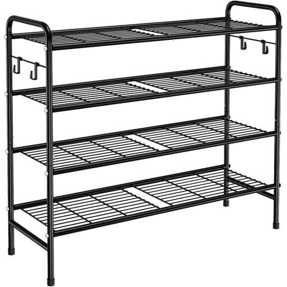 4-Tier Shoe Rack 33" Wide Metal Organizer with 4 Side Hooks 11" x 33" x 30.5"