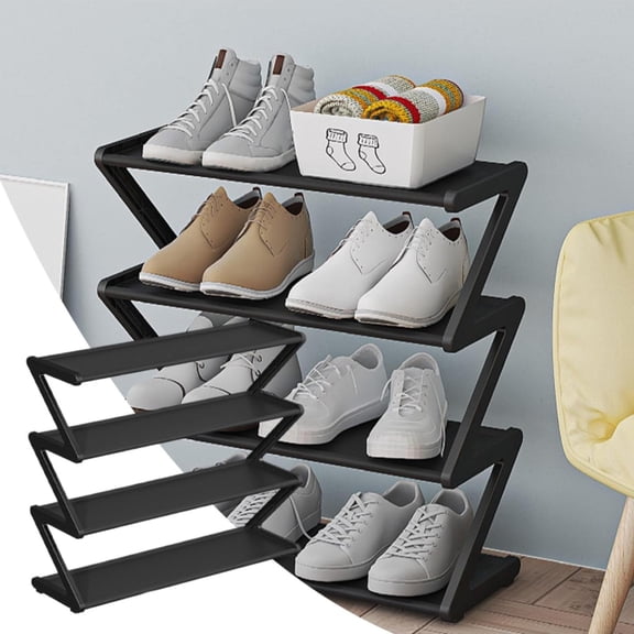 4 Tier Shoe Rack for Closet & Front Door Entrance, Plastic Shoe Organizer with Sturdy Frame, Space Saving Vertical Shoe Shelf, Durable Shoe Stand for Garage, Entryway & Dorm, 18.5×16.5×19.5In, Black