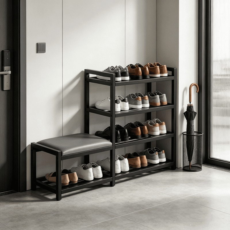 4-Tier Shoe Rack with Cushion,Heavy Duty Carbon Steel Frame, Anti-Slip Feet, Space-Saving Storage Organizer Shelf for Entryway, Living Room, Bedroom,Black