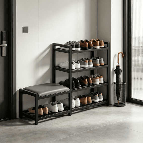 4-Tier Shoe Rack with Cushion,Heavy Duty Carbon Steel Frame, Anti-Slip Feet, Space-Saving Storage Organizer Shelf for Entryway, Living Room, Bedroom,Black