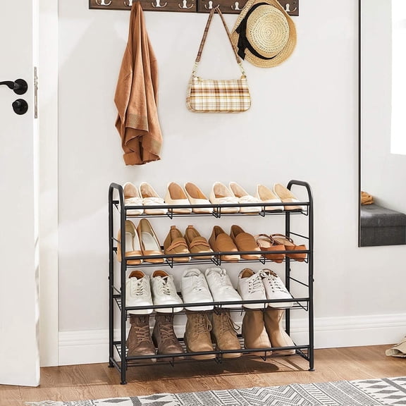 4 Tier Shoe Rack Metal Stackable Shoes Rack Storage Shelf Holds up to 16 Pairs Shoes Adjustable Slanted Shelves Shoe Tower Organizer for Closet Entryway Small Spaces Black