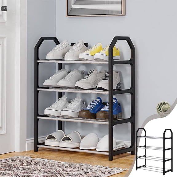 4 Tier Shoe Rack Organizer for Entryway Closet - Plastic Stackable Shoe Storage Shelf - Narrow Shoe Rack for Men Women Kids - Space Saving Shoe Stand for Bedroom Hallway Garage - Easy Assembly