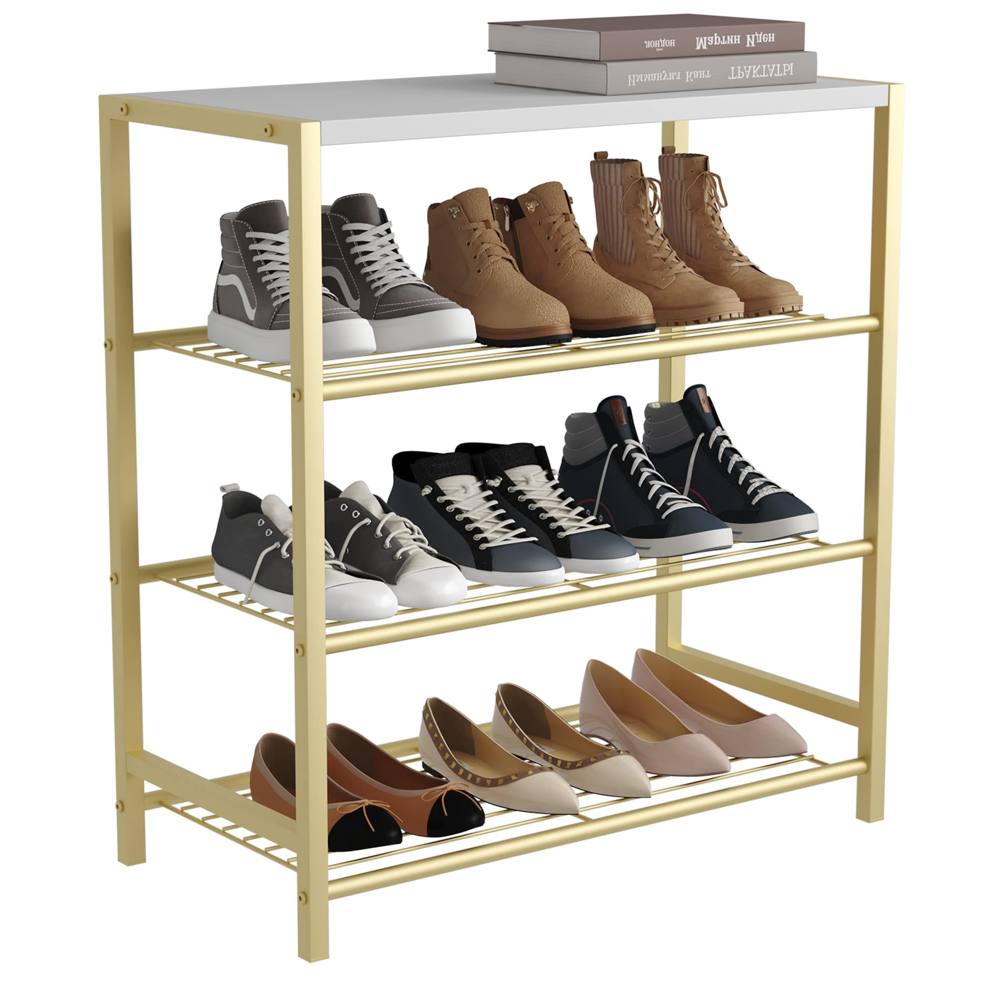 4-Tier Shoe Rack Organizer with MDF Top Shelf, Metal Shoe Storage Tower for Closet and Entryway, Rust Brown Shoe Shelf Fits 12 Pairs Shoes