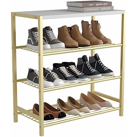 4-Tier Shoe Rack, Shoe Storage Shelf, Industrial Shoe Tower, Narrow Shoe Organizer for Closet Entryway, Small Shoe Rack Table with Durable Metal Shelves, Gold