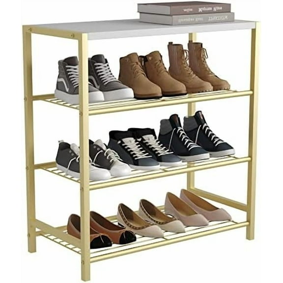 4-Tier Shoe Rack, Shoe Storage Shelf, Industrial Shoe Tower, Narrow Shoe Organizer for Closet Entryway, Small Shoe Rack Table with Durable Metal Shelves, Gold