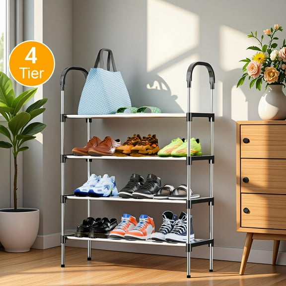4-Tier Shoe Rack Organizer, Metal Shoe Storage Stand for Entryway, Hallways, Bedrooms, Bathrooms, Offices, and Living Rooms, Silver and Black
