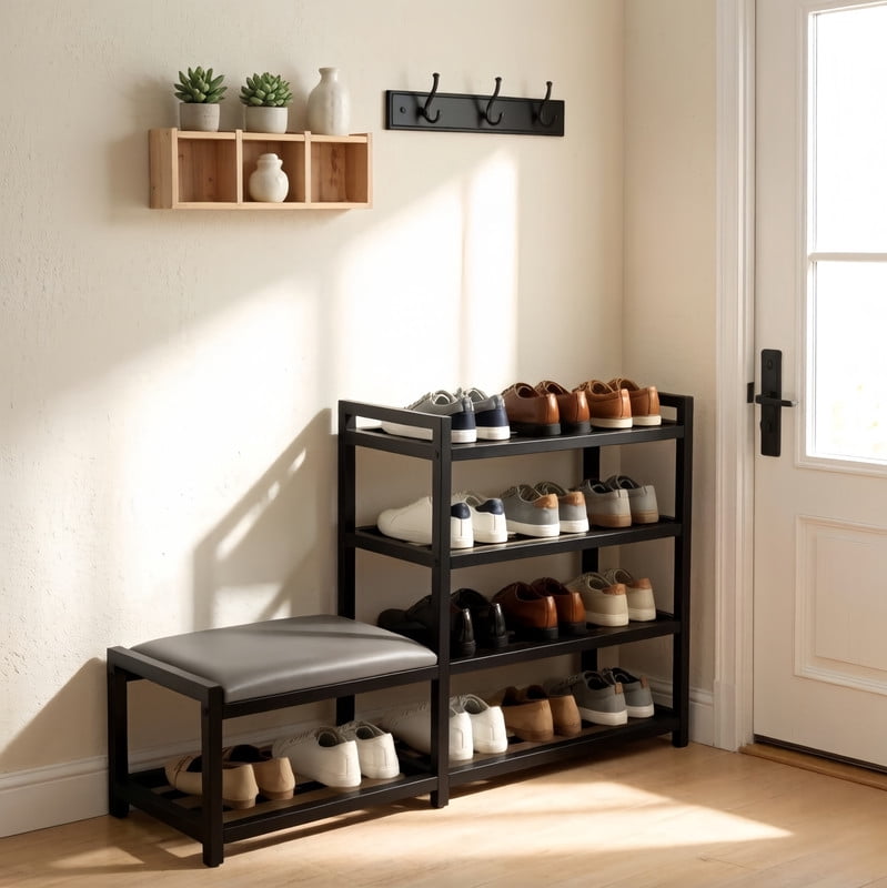 4-Tier Shoe Rack and Upholstered PU Leather Shoe Bench Set of 2, Carbon Steel Free Standing Shoe Storage Shelf
