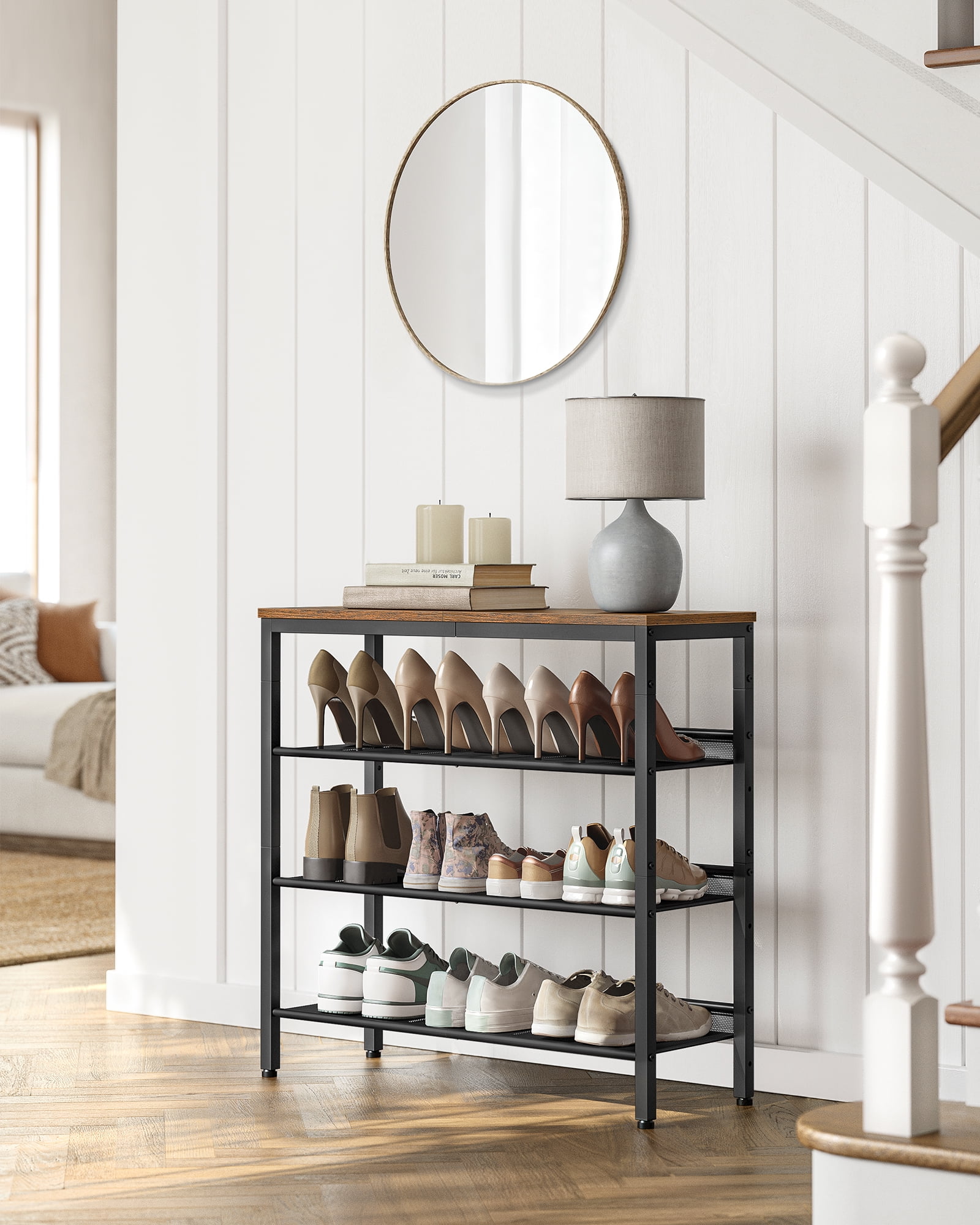 Rustic Brown and Black 4-Tier Metal Shoe Rack with Wooden Top