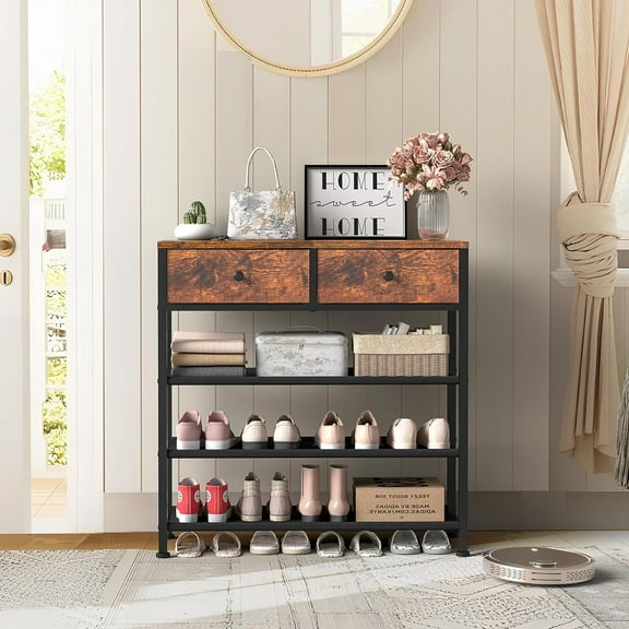 4 Tier Shoe Rack with 2 Drawers, Metal Storage Organizer for 9-12 Pairs, Rustic Brown