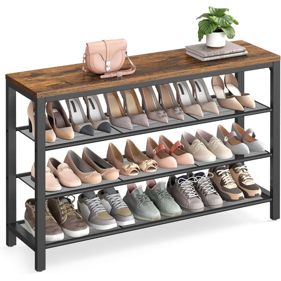 4 Tier Shoe Rack with 3 Metal Mesh Shelves, 16-20 Pairs Capacity, 39.4 W x 28.3 D x 11.8 H Inches, Rustic Brown