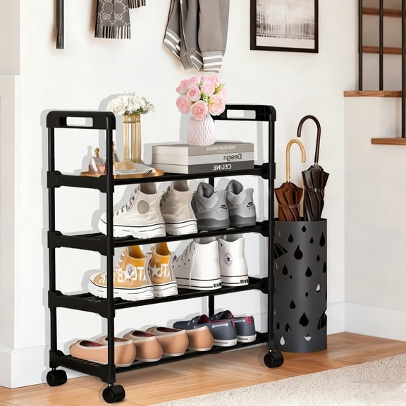 Olakula 4 Tier Shoe Rack with Wheels,Large Capacity,Adjustable Shelves,for Entryway,Office,Black