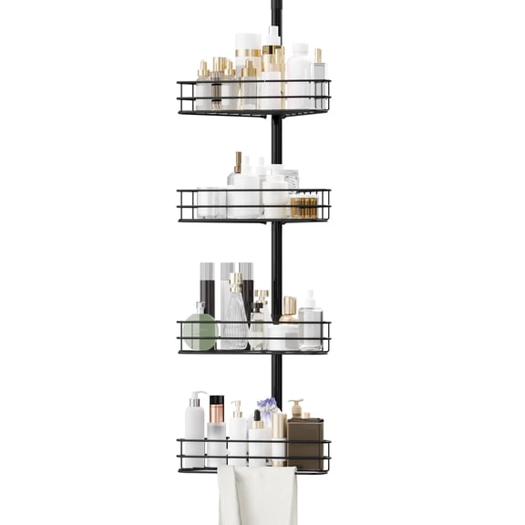 4-Tier Shower Caddy Organizer, Adjustable Tension Pole Shelves with Built-in Towel Bars, Rustproof, No-Drill Installation Extendable Bathroom Organizer, 75-110 Inch Space-Saving Shelf, Black