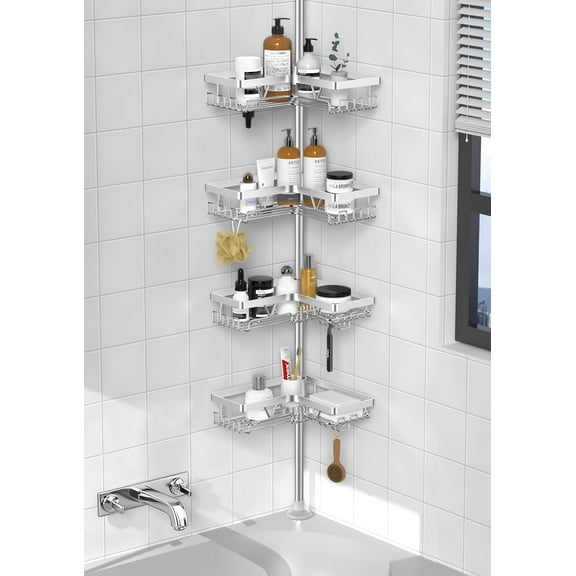4-Tier Shower Caddy/Shower Organizer - Corner Standing Tension Pole Adjustable 25-114.2 inches Built in 2 Soap Holder Rustproof Silver Finish