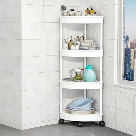 4-Tier Shower Corner Storage Shelf, Plastic Shower Caddy Standing, Floor Corner Shelf Organizer, Rolling Cart with Drainage Holes, Storage Rack for Bathroom, White
