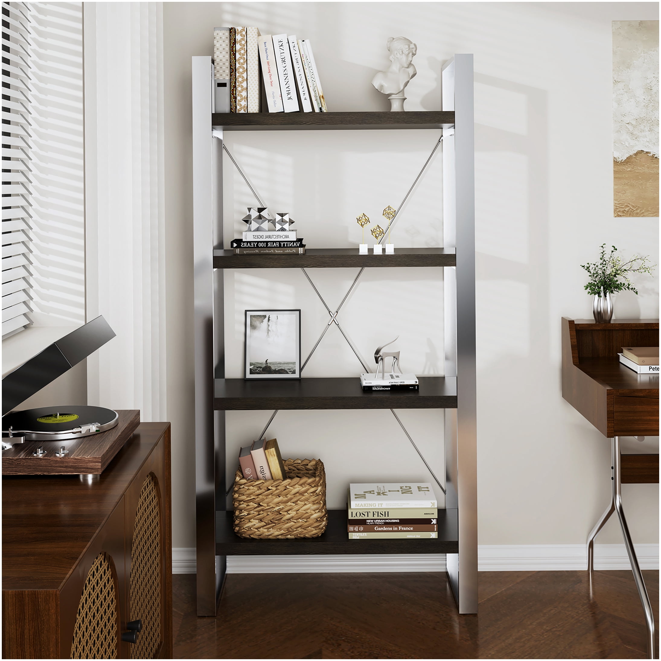 Storage Rack For Display 4-Tier Silver Stainless Steel Storage Display Rack for Living Room and ...