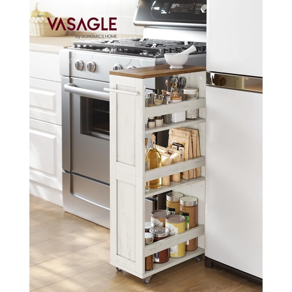 4-Tier Slide-Out Storage Cart, Slim Kitchen Cart for Small Spaces, with Wheels, Handle, Bathroom, Laundry Room, 7.9 x 17 x 34.1 Inches, Rustic White and Honey Brown ULRC051K01