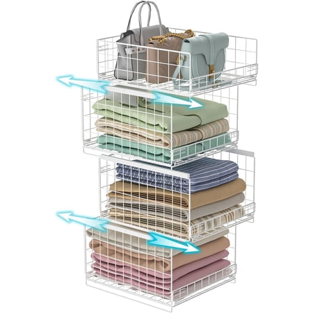 4 Tier Sliding Closet Organizers and Drawer Storage Shelves, Stackable Storage Bins for Jean Pants Sweaters, Storage Container for Wardrobe Cupboard Organizer for Clothes-White