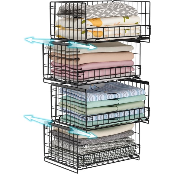 4-Tier Sliding Closet Organizers and Storage Shelves, Stackable Closet Shelf Organizer Basket Bins, Drawer Shelf Storage Container for Wardrobe Cupboard Kitchen Bathroom Office, Black