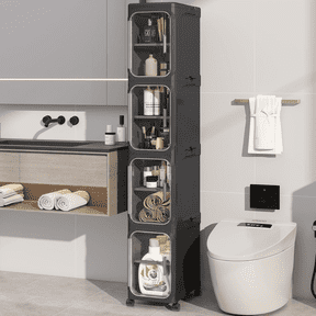 4-Tier Slim Bathroom Storage Cabinet, Foldable Narrow Bathroom Cabinet Organizer for Small Spaces, Adjustable Fridge & Vanity Gap Storage, Easy Move,Black