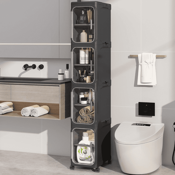 4-Tier Slim Bathroom Storage Cabinet, Foldable Narrow Bathroom Cabinet Organizer for Small Spaces, Adjustable Fridge & Vanity Gap Storage, Easy Move,Black