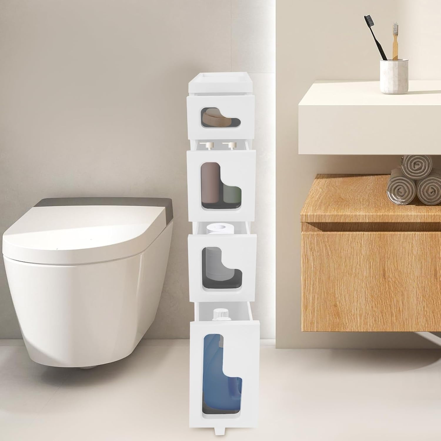 4 Tier Slim Bathroom Storage Cabinet with Movable WheelsSmall Bathroom ...