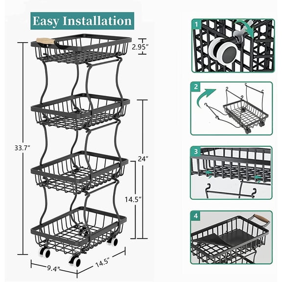 4 Tier Slim Fruit Basket for Kitchen, Stackable Metal Wire Fruit Vegetable Storage Baskets Organizer Stand on Wheels, Produce Basket Potato Onion Storage Bins Rack for Pantry. (Black)