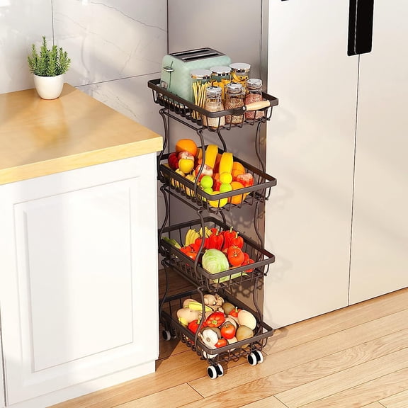 4 Tier Slim Fruit Basket for Kitchen, Stackable Metal Wire Fruit Vegetable Storage Baskets Organizer Stand on Wheels, Produce Basket Potato Onion Storage Bins Rack for Pantry. (Black)