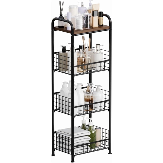 4 Tier Slim Metal Storage Cart with Walnut Wood Top Kitchen Organizer Shelf Fruit Basket Stand for Small Spaces Office Bathroom Laundry Room