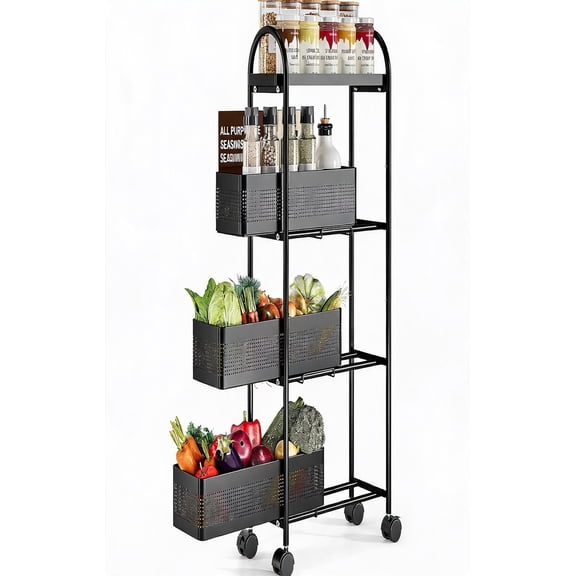 Slim Rolling Cart with Drawer, Metal Utility Storage Cart | 2 Pull-out Baskets, Lockable Wheels, Narrow Space Trolley Organizer for Bathroom, Kitchen, Office, Dorm, Laundry Room