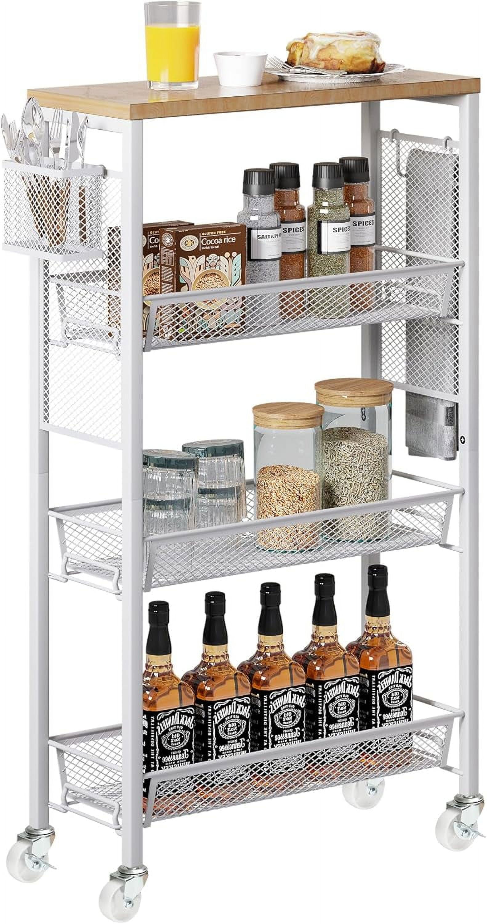 White Metal and Wood Slim Rolling Kitchen Cart with Mesh Shelves
