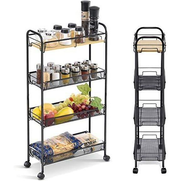 4-Tier Slim Rolling Cart,Metal Utility Cart,Slide Out Storage Cart with Wooden Tabletop and Mesh Baskets for Narrow Space on Kitchen Bathroom Laundry Room Bedroom Apartments Dormitory, Black