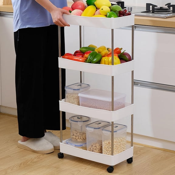 4-Tier Slim Rolling Carts, 13cm Narrow Bathroom Kitchen Storage Rack with Wheels, Plastic Multi-purpose Organizer for Corner, Between Refrigerator & Wall, White Space-Saving Shelves Unit