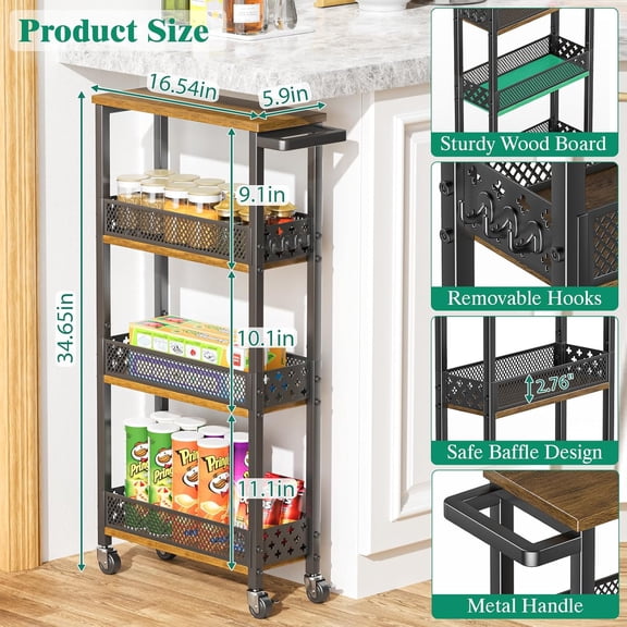 4-Tier Slim Rolling Storage Cart for Kitchen Bathroom Organizer, Mobile Narrow Storage Cabinet Utility Cart with Wood Rack on Wheels for Pantry Laundry Small Space