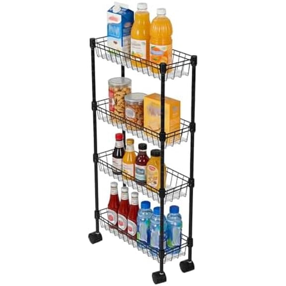 4-Tier Slim Rolling Storage Cart, Metal Utility Cart on Wheels, Multi-Functional Adjustable Shelving Unit Basket Rack for Kitchen Office Bedroom Pantry Corner, 15.75x5.91x31.5 in, Black