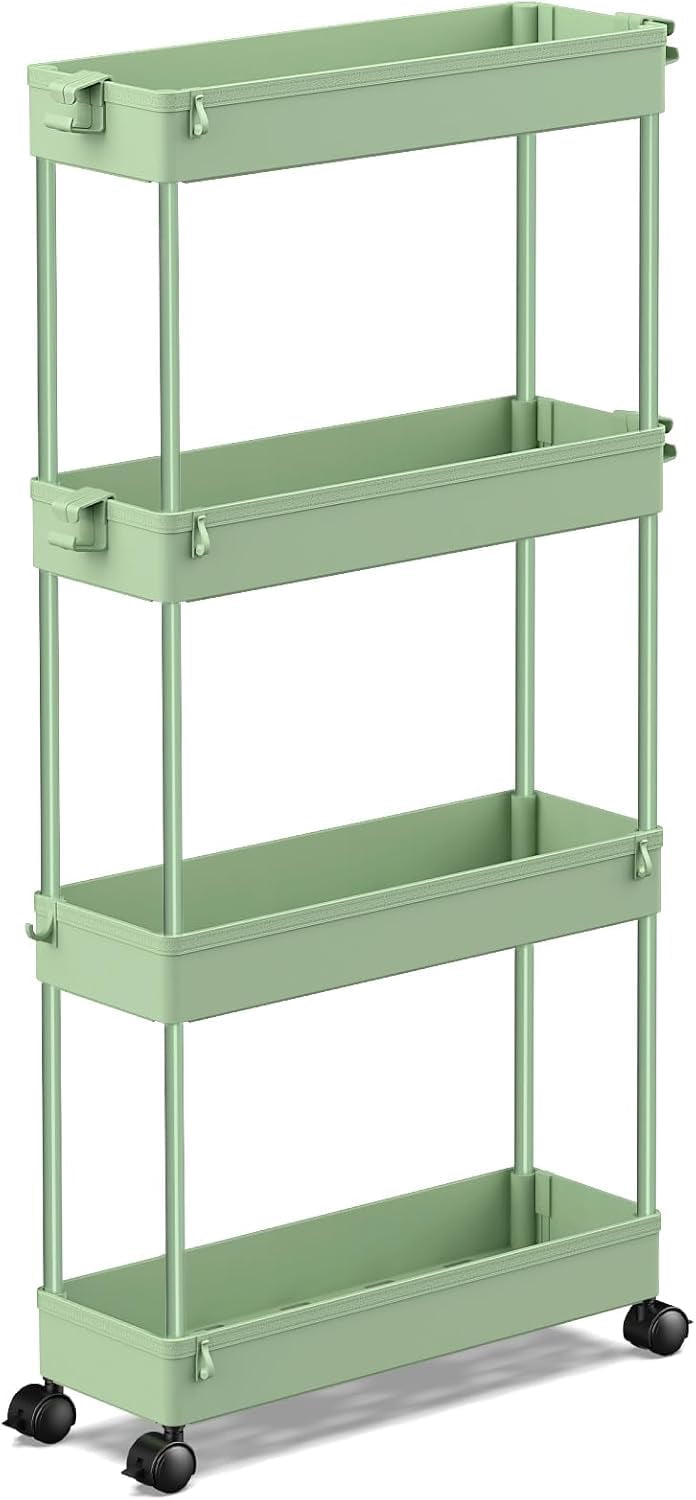 Chariot De Rangement Étroits 4 Niveaux – Organisateur Mobile Ultra Fin 12,5 Cm, Idéal Cuisine, Salle De Bain, Buanderie (Blanc)