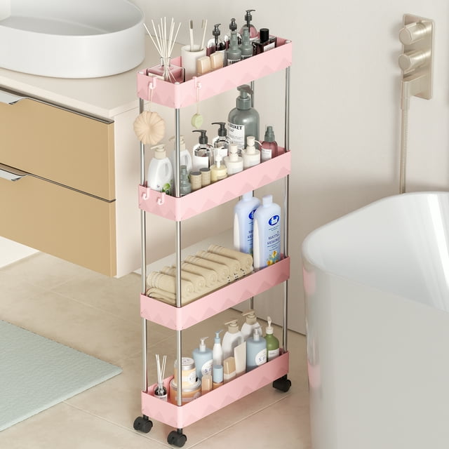 Slim Storage Cart 4 Tier Slim Cart, Bathroom Rolling Utility Cart Storage Organizer Slide Out Cart, Mobile Shelving Unit Organizer Trolley for Office Bathroom Kitchen Laundry Narrow Places, Pink