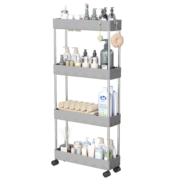Cshidworld 4 Tier Slim Rolling Storage Cart, Bathroom Storage Organizer, Utility Shelving Unit for Office, Bathroom, Kitchen, Laundry Room & Narrow Places, Gray