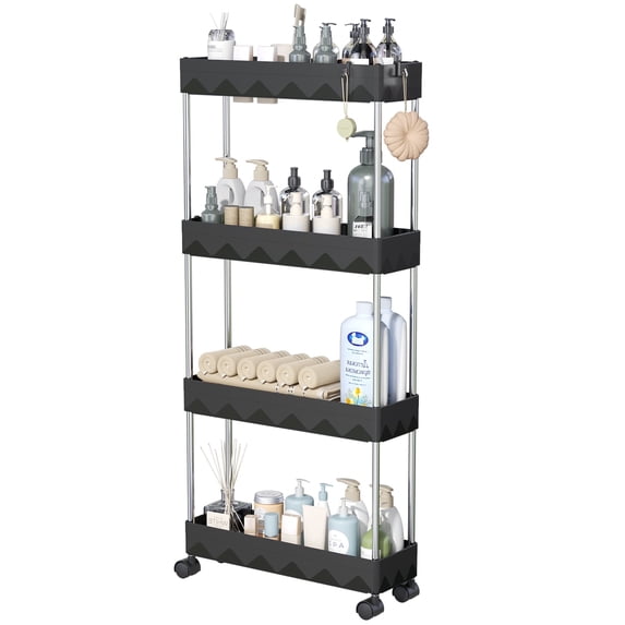 Cshidworld 4 Tier Slim Rolling Storage Cart, Bathroom Storage Organizer, Utility Shelving Unit for Office, Bathroom, Kitchen, Laundry Room & Narrow Places, Black