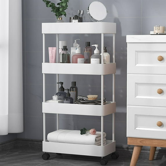4-Tier Slim Rolling Storage Cart | White Plastic Bathroom & Kitchen Organizer | 40.5x32x13.5cm | Mobile Shelving Unit for Laundry Room, Narrow Spaces | Easy Assembly & 360° Wheels