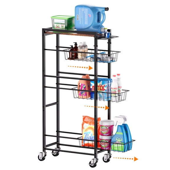 4 Tier Slim Rolling Storage Cart With Pull-out Baskets Narrow Sliding Laundry Between Washer And Dryer