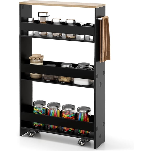 4 Tier Slim Rolling Storage Cart w/Handle & Anti-Fall Guardrail | 5 W Utilize Narrow Gap, Smooth Mobility, Keep Essentials Handy, Kitchen/Beside Fridge/Between Washer & Dryer/Pantry Storage