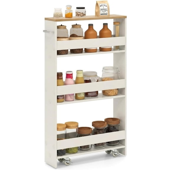 4 Tier Slim Rolling Storage Cart w/Handle & Anti-Fall Guardrail | 5’’ W Utilize Narrow Gap, Smooth Mobility, Keep Essentials Handy, Kitchen/Beside Fridge/Between Washer & Dryer/Pantry Storage