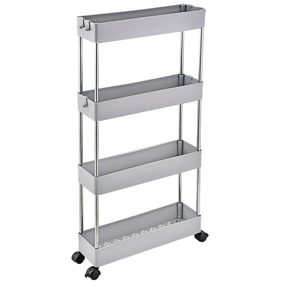 4-Tier Slim Storage Cart,Bathroom Storage Organizer,Slim Rolling Cart,Slide Out Storage Cart with Wheel,Mobile Shelving Unit for Bathroom Kitchen Bedroom Laundry Narrow Places (Grey)