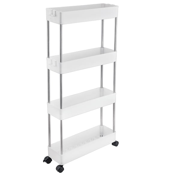 4-Tier Slim Storage Cart,Bathroom Storage Organizer,Slim Rolling Cart,Slide Out Storage Cart with Wheel,Mobile Shelving Unit for Bathroom Kitchen Bedroom Laundry Narrow Places (White)