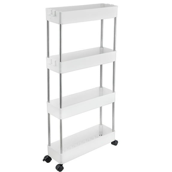 4-Tier Slim Storage Cart,Bathroom Storage Organizer,Slim Rolling Cart,Slide Out Storage Cart with Wheel,Mobile Shelving Unit for Bathroom Kitchen Bedroom Laundry Narrow Places (White)