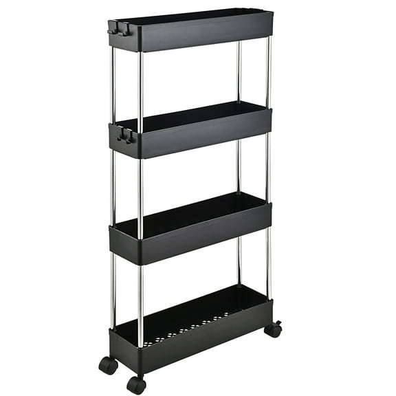 4-Tier Slim Storage Cart,Bathroom Storage Organizer,Slim Rolling Cart,Slide Out Storage Cart with Wheel,Mobile Shelving Unit for Bathroom Kitchen Bedroom Laundry Narrow Places (Black)