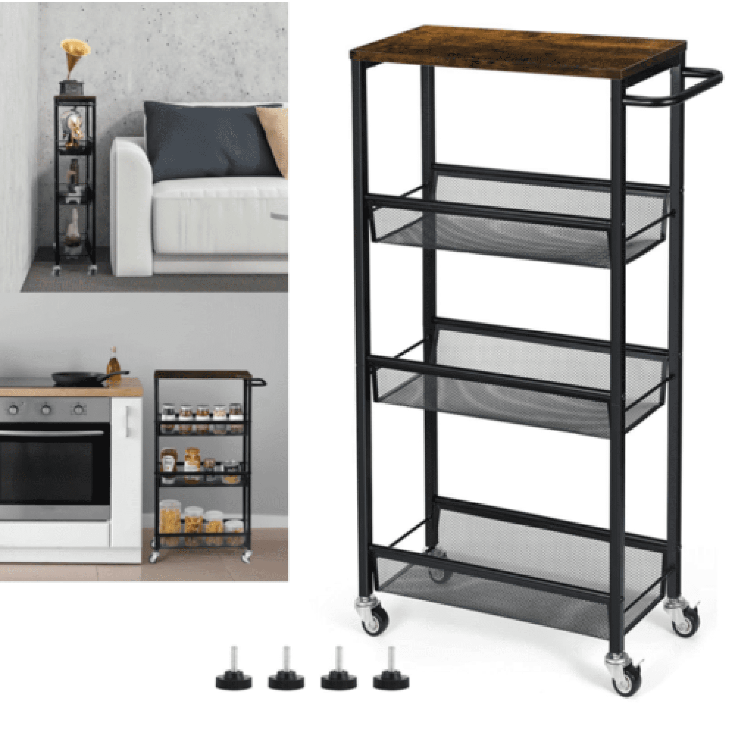 4 Tier Slim Storage Cart Mobile Shelving Unit Organizer Rolling Utility